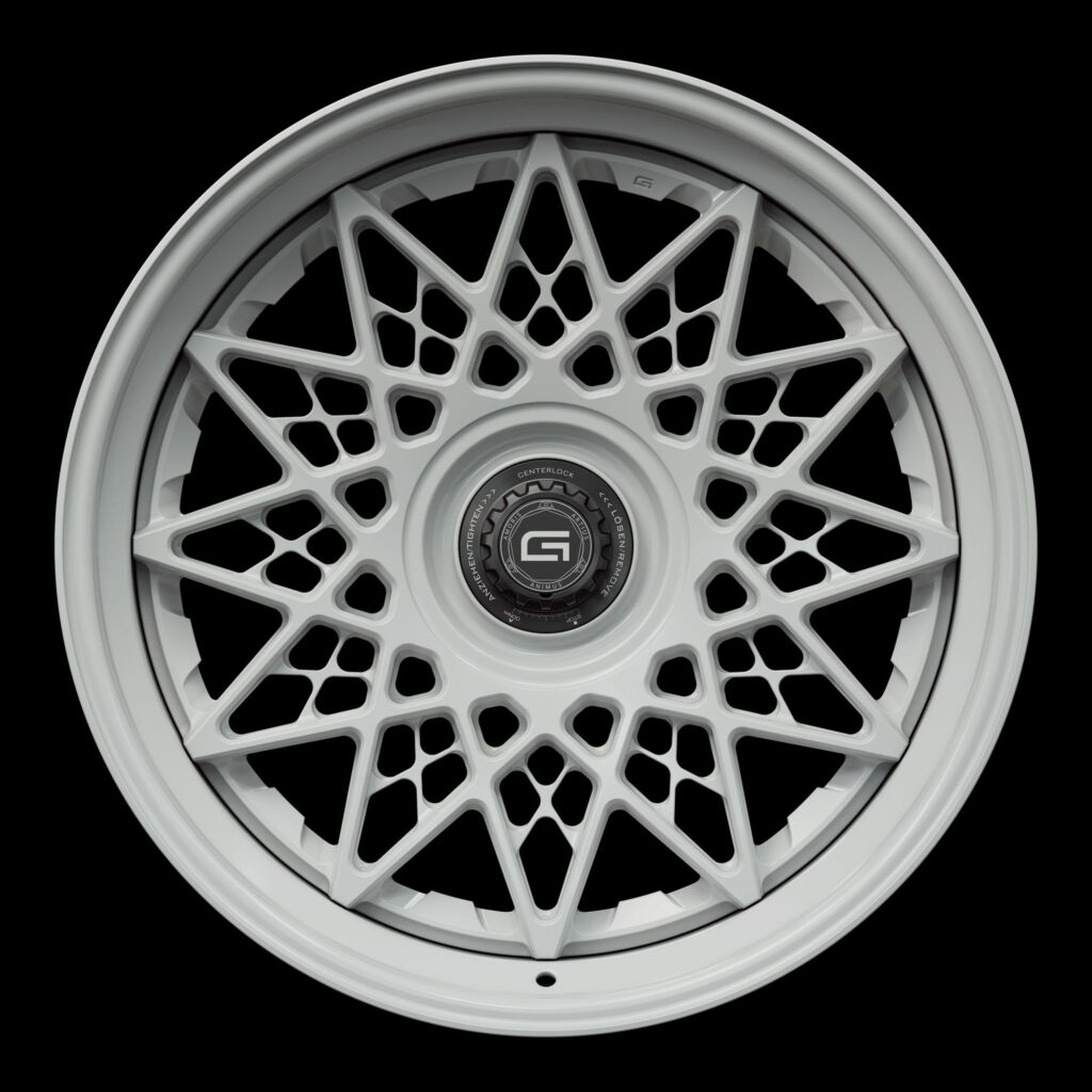 Front view of a white G21 3-piece centerlock wheel from Govad Forged Heritage series