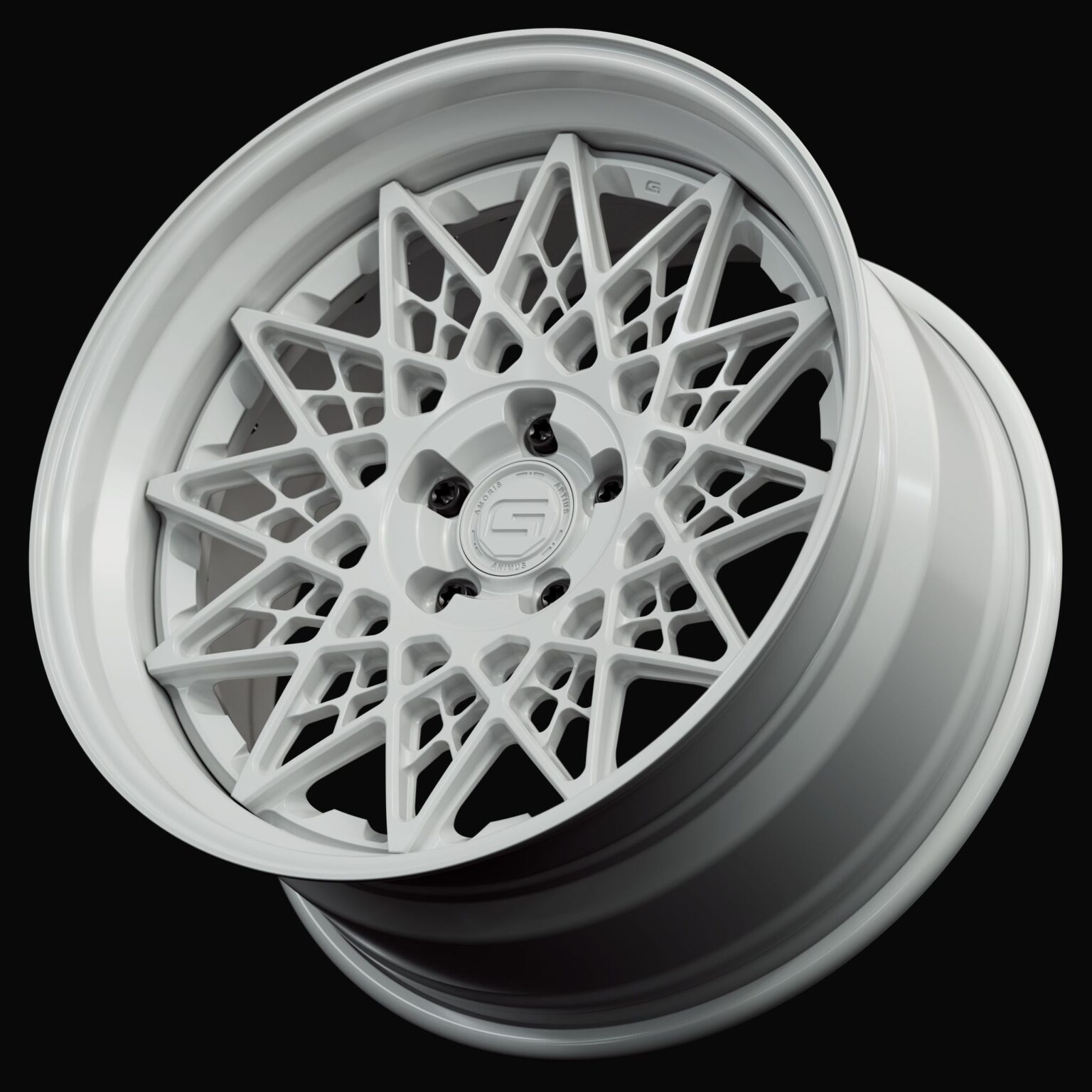 Three-quarter view of a white G21 3-piece wheel from Govad Forged Heritage series
