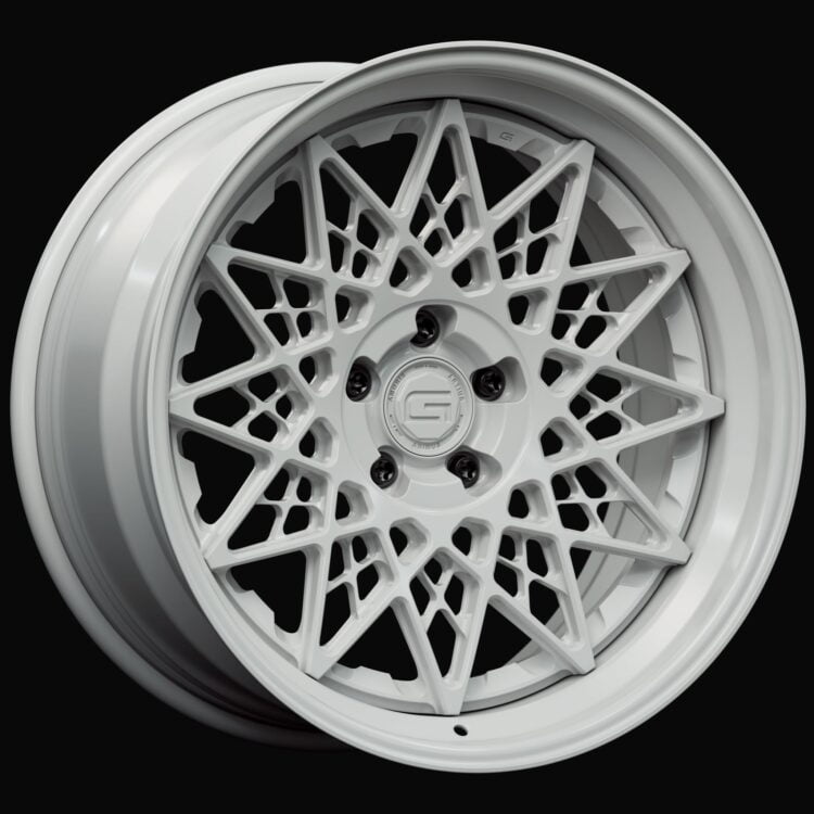 Three-quarter view of a white G21 3-piece wheel from Govad Forged Heritage series