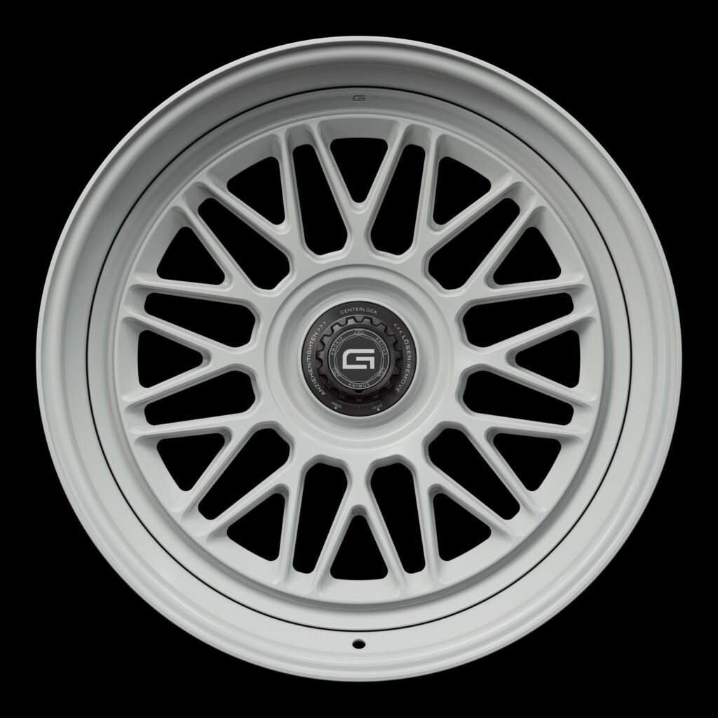 Front view of a white G22 3-piece centerlock wheel from Govad Forged Heritage series