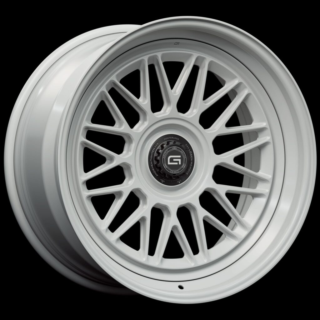 Three-quarter view of a white G22 3-piece centerlock wheel from Govad Forged Heritage series