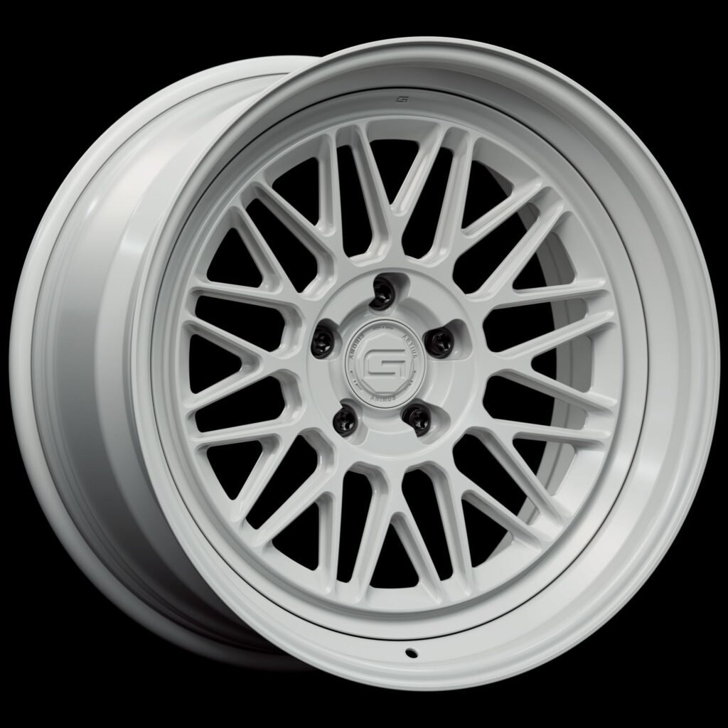 Three-quarter view of a white G22 3-piece wheel from Govad Forged Heritage series