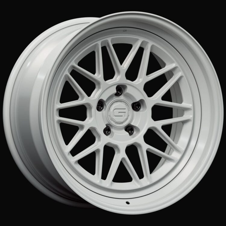 Three-quarter view of a white G24 3-piece wheel from Govad Forged Heritage series