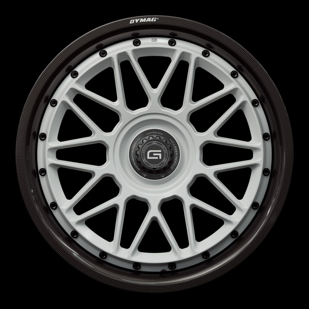 Front view of a white G24 2-piece centerlock wheel from Govad Forged Carbon8 series with carbon fiber lip