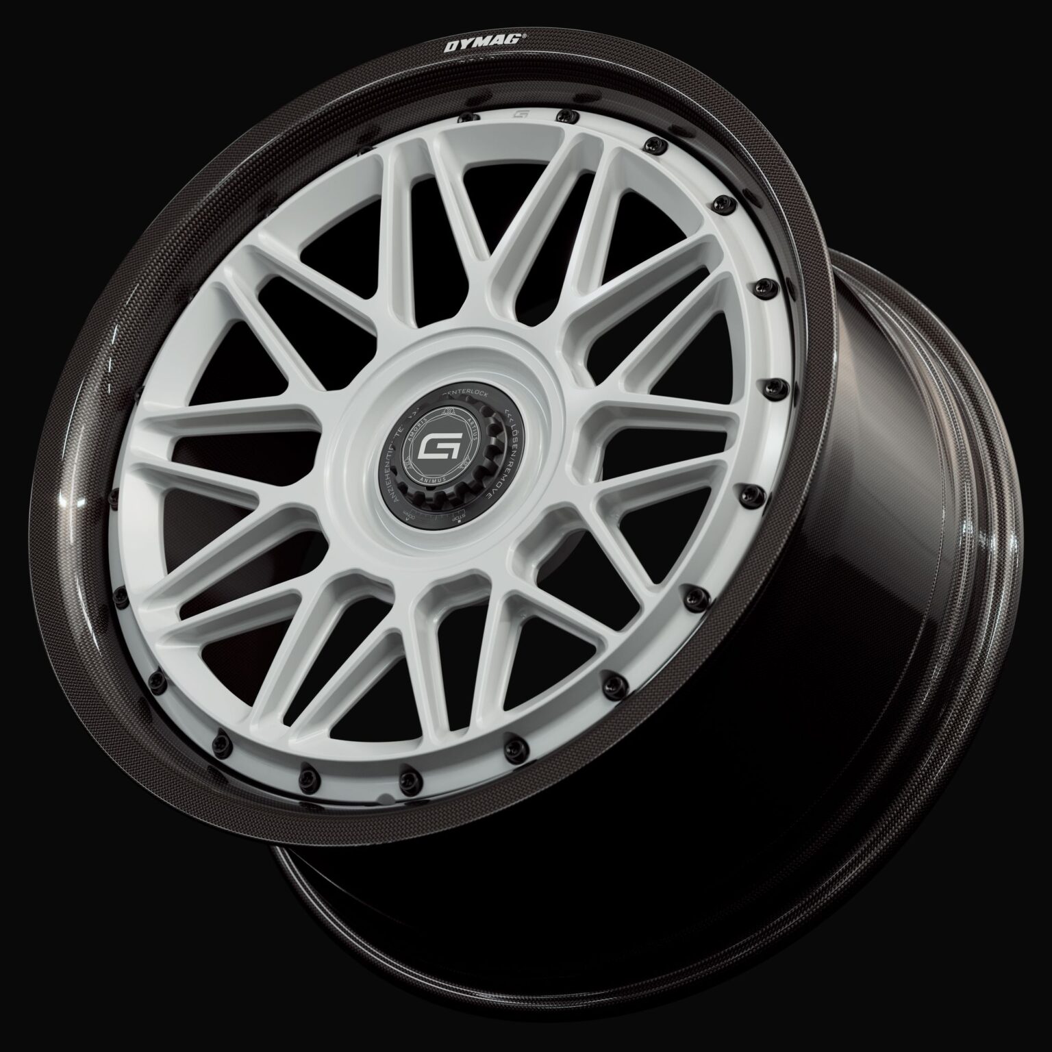 Three-quarter view of a white G24 2-piece centerlock wheel from Govad Forged Carbon8 series with carbon fiber lip
