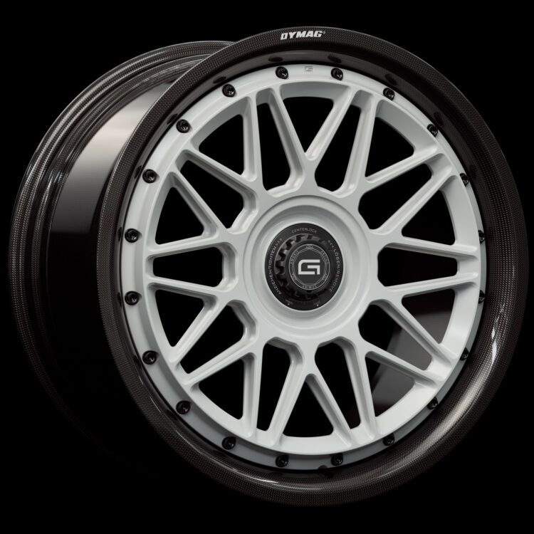 Three-quarter view of a white G24 2-piece centerlock wheel from Govad Forged Carbon8 series with carbon fiber lip