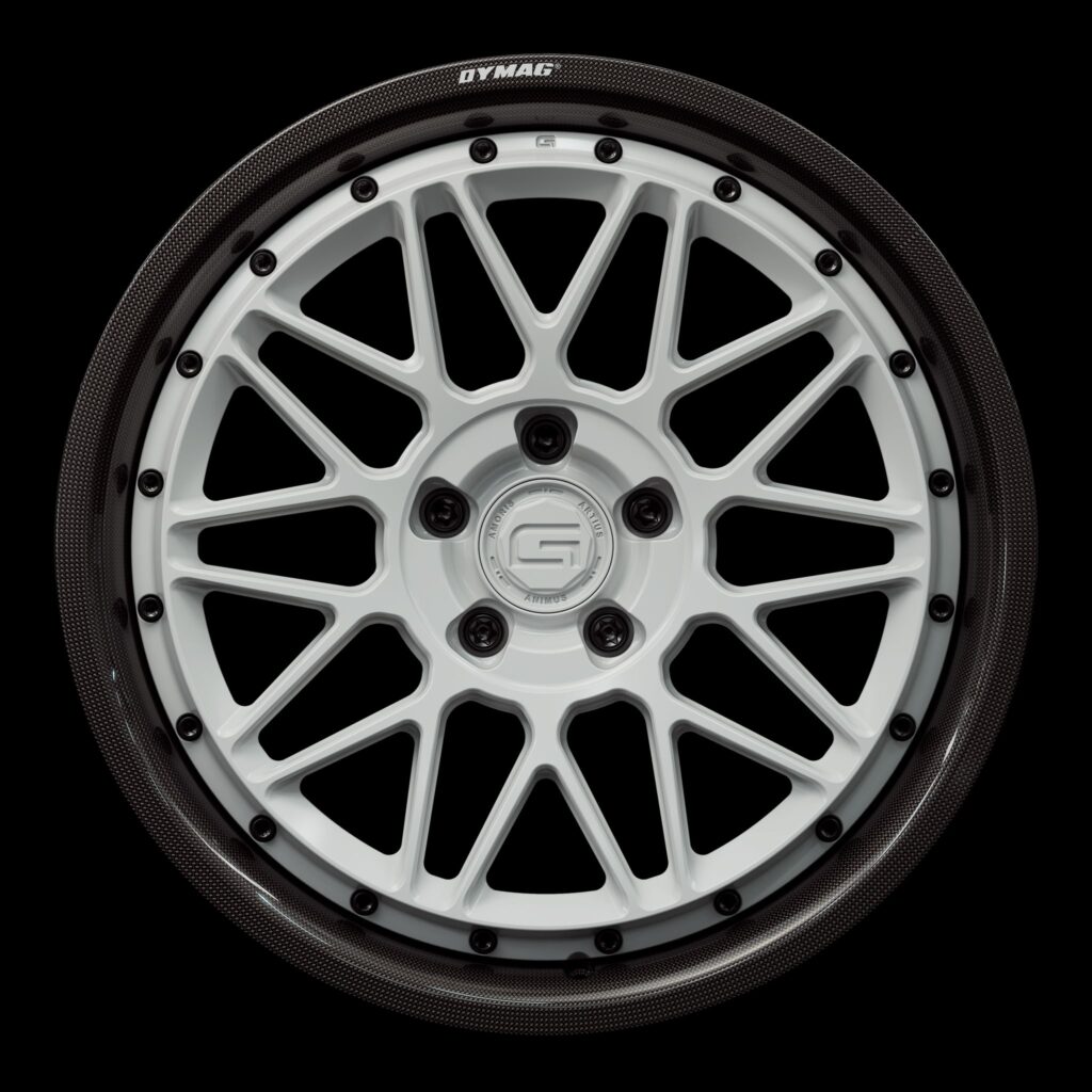 Front view of a white G24 2-piece wheel from Govad Forged Carbon8 series with carbon fiber lip