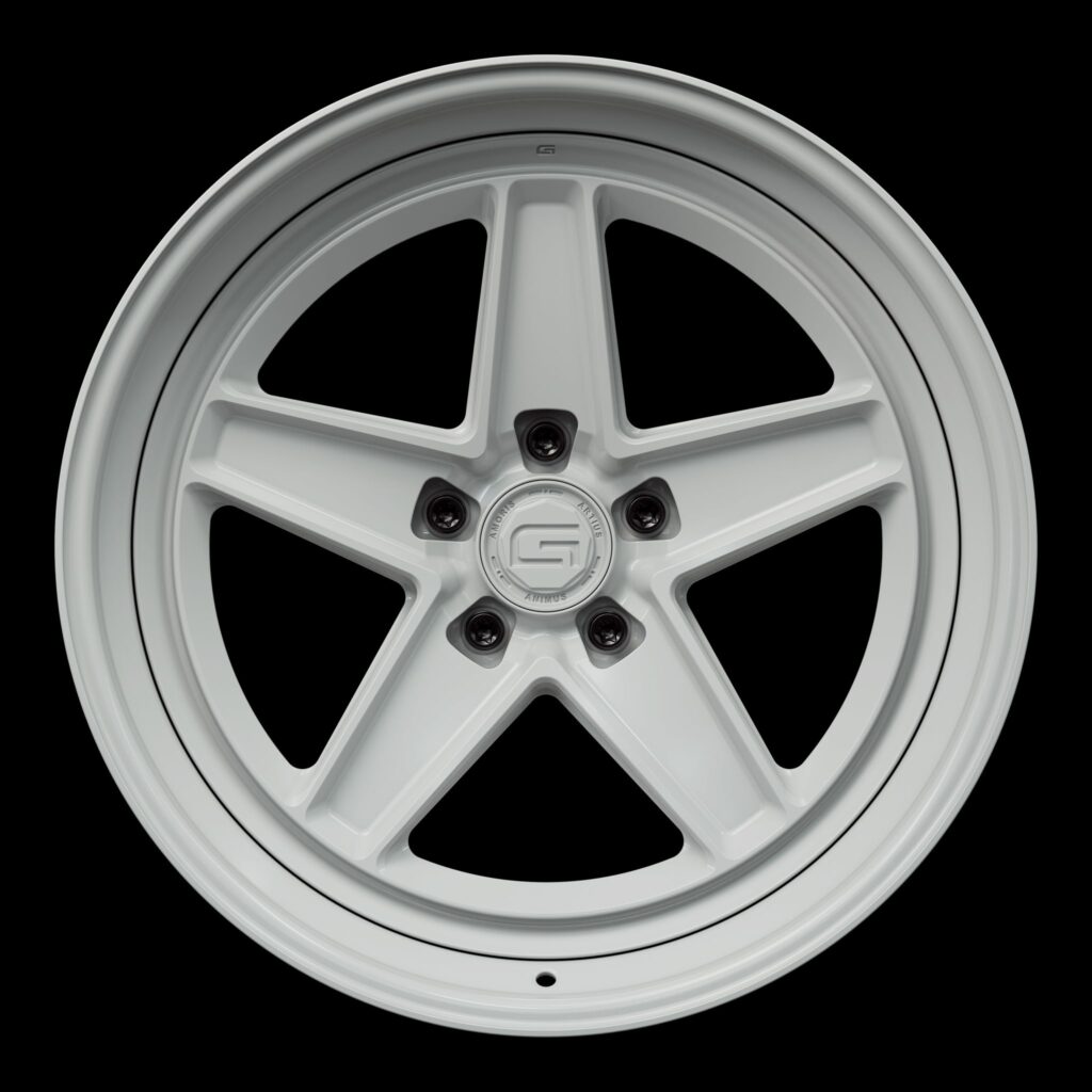 Front view of a white G25 3-piece wheel from Govad Forged Heritage series