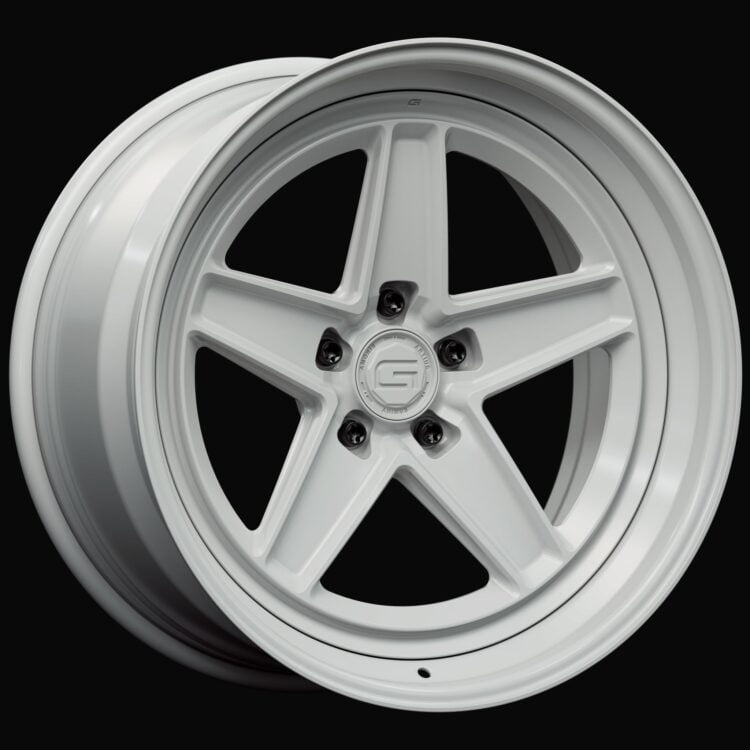 Three-quarter view of a white G25 3-piece wheel from Govad Forged Heritage series