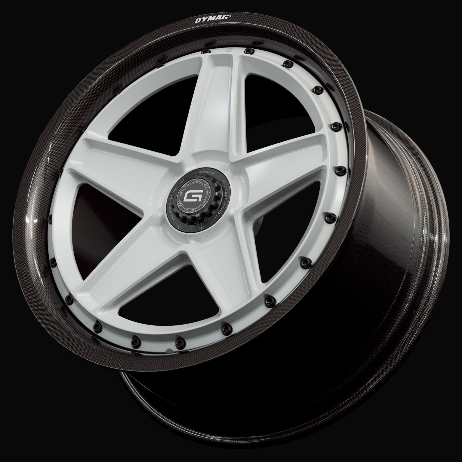 Three-quarter view of a white G25 2-piece centerlock wheel from Govad Forged Carbon8 series with carbon fiber lip