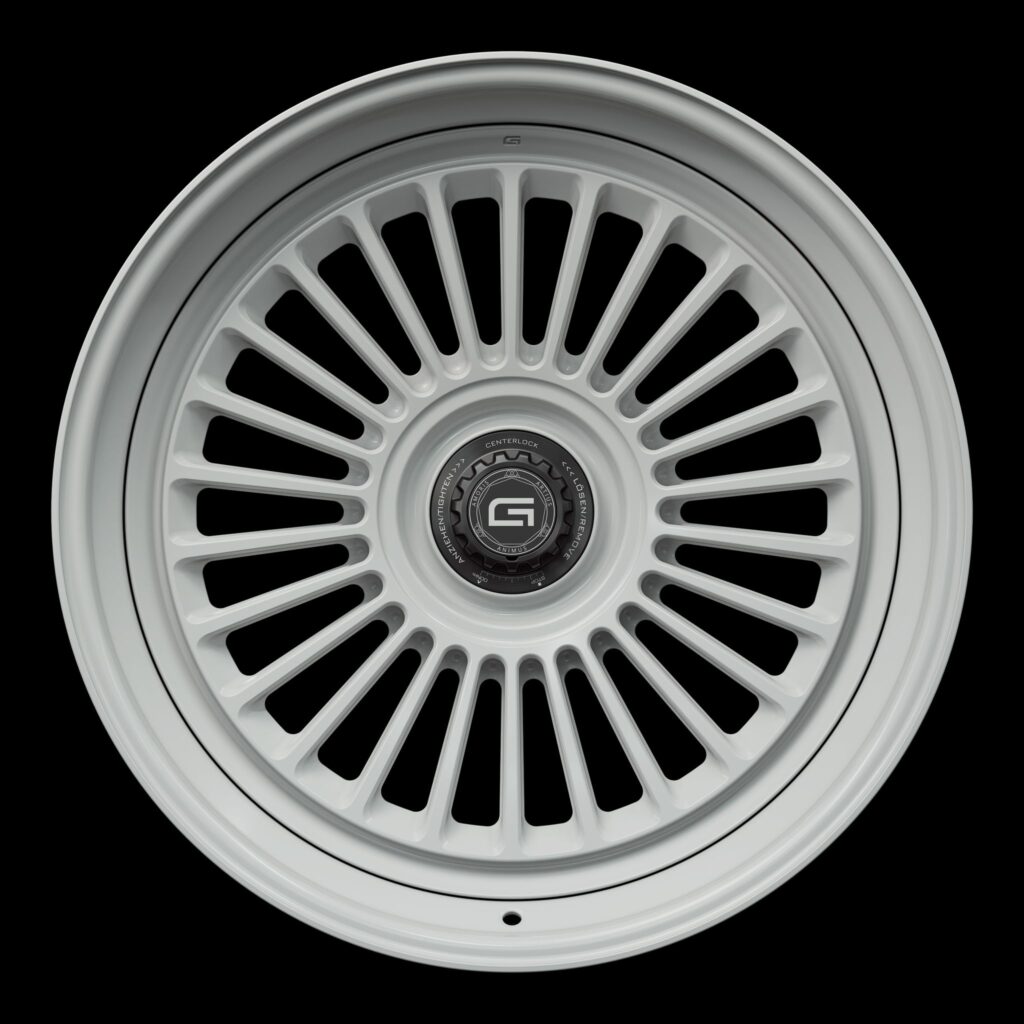 Front view of a white G26 3-piece centerlock wheel from Govad Forged Heritage series