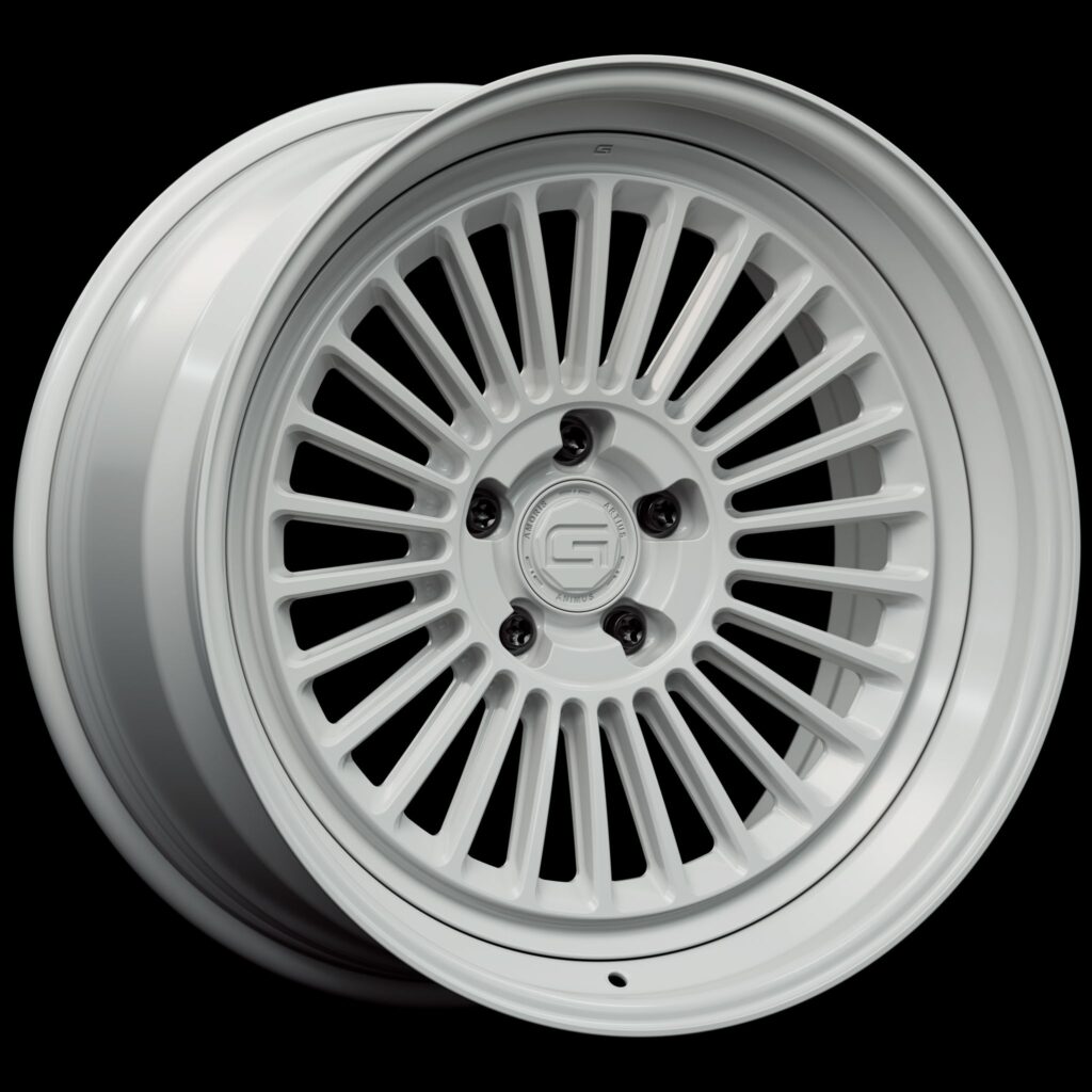 Three-quarter view of a white G26 3-piece wheel from Govad Forged Heritage series