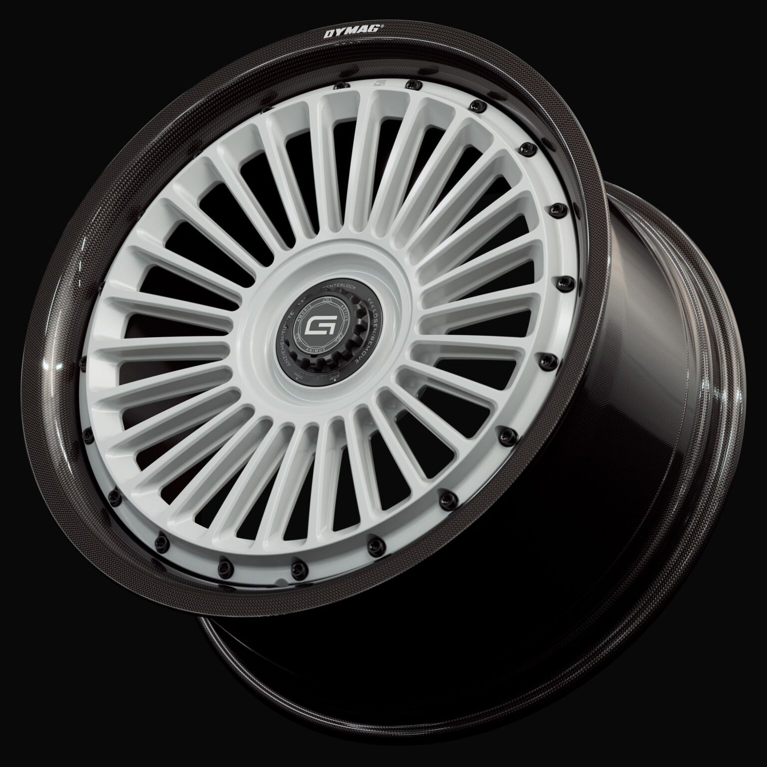 Three-quarter view of a white G26 2-piece centerlock wheel from Govad Forged Carbon8 series with carbon fiber lip