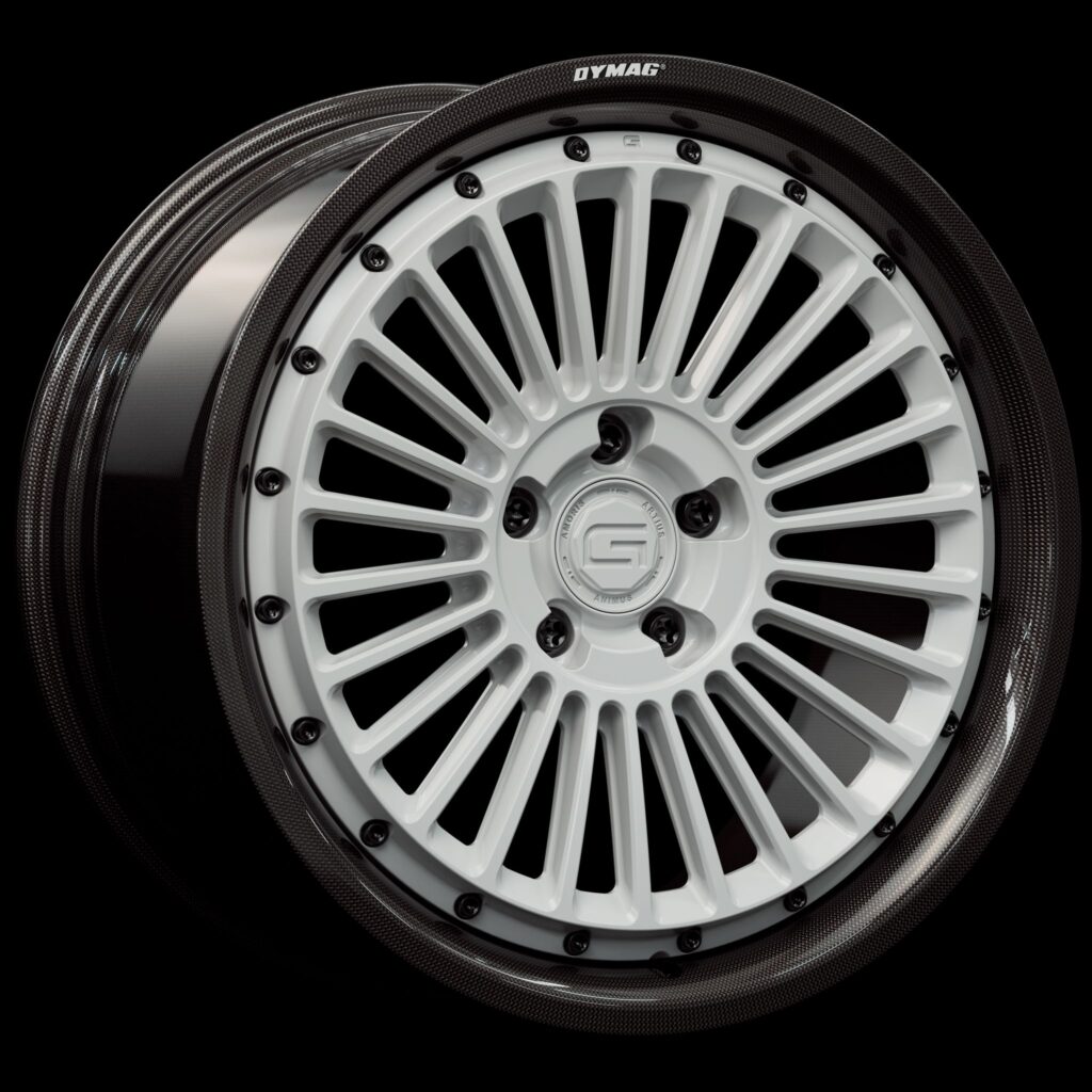 Three-quarter view of a white G26 2-piece wheel from Govad Forged Carbon8 series with carbon fiber lip