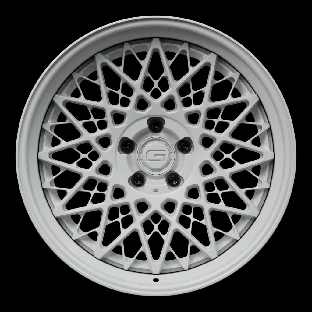 Front view of a white G28 3-piece wheel from Govad Forged Heritage series