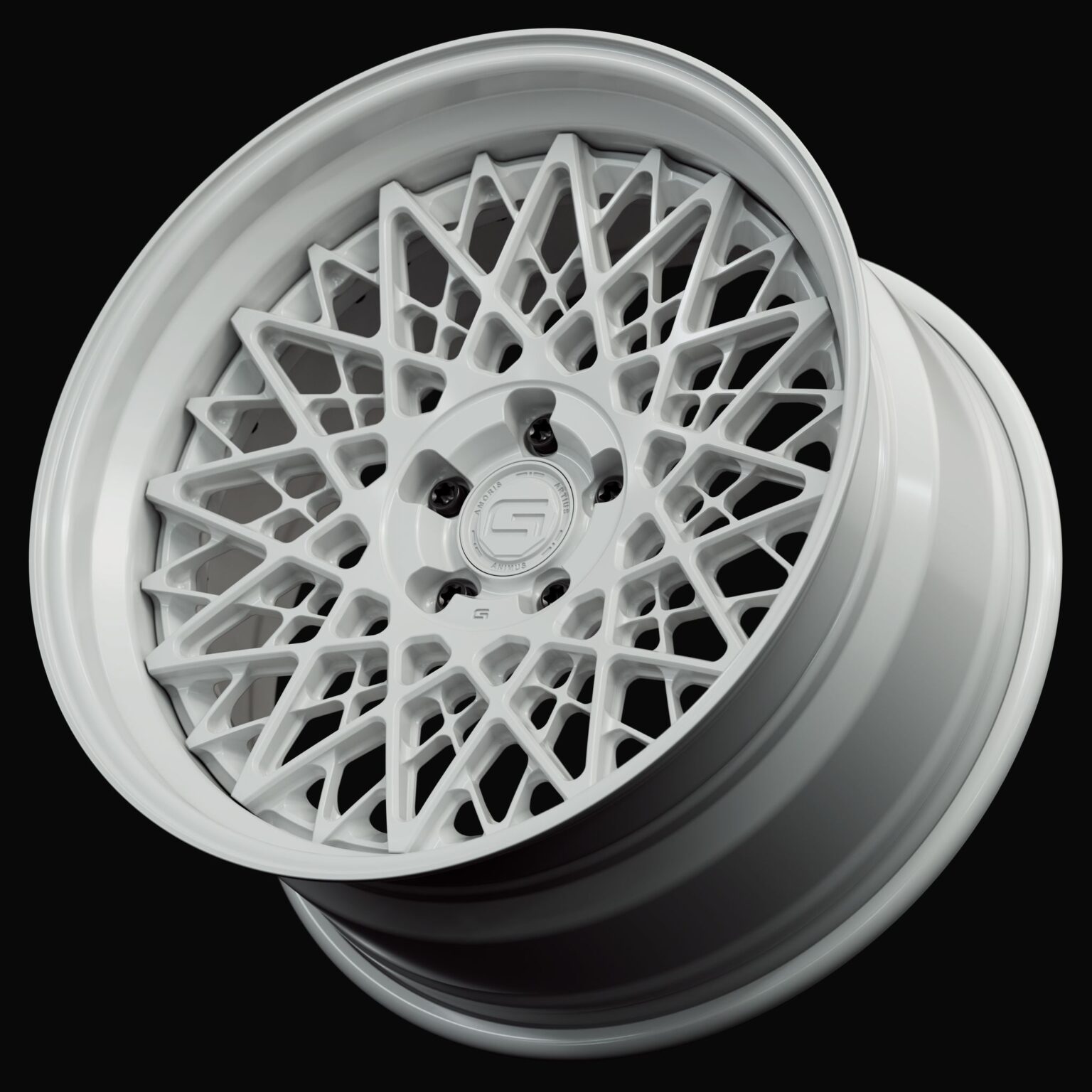 Three-quarter view of a white G28 3-piece wheel from Govad Forged Heritage series