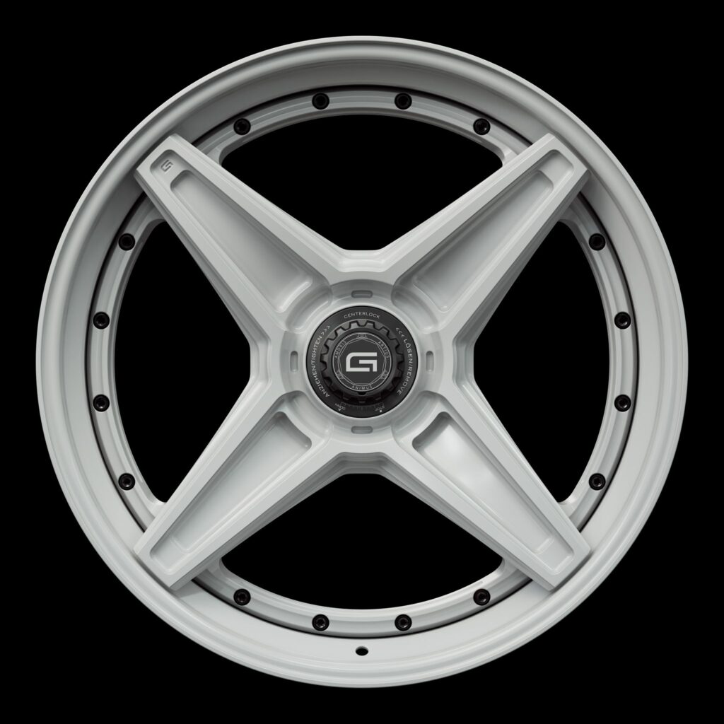 Front view of a white G44 3-piece flaoting spoke centerlock wheel from Govad Forged Track series