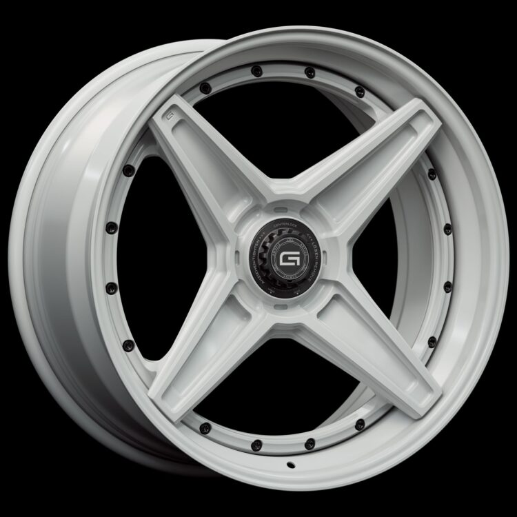 Three-quarter view of a white G44 3-piece flaoting spoke centerlock wheel from Govad Forged Track series