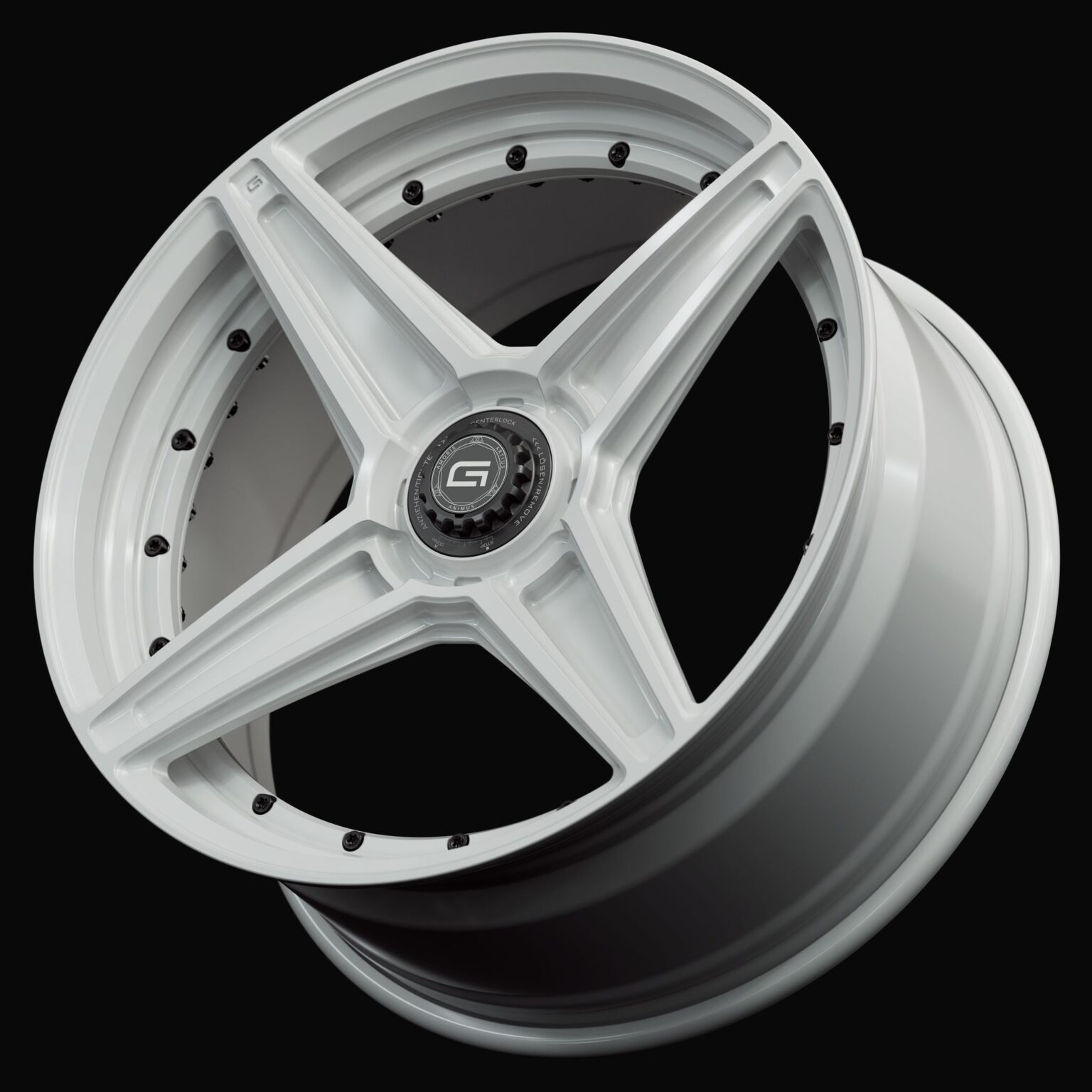 Three-quarter view of a white G44 duoblock centerlock wheel from Govad Forged Track series