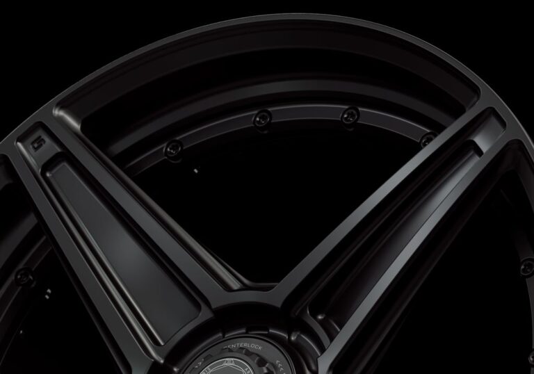 Three-quarter view of a black G44 duoblock centerlock wheel from Govad Forged Track series