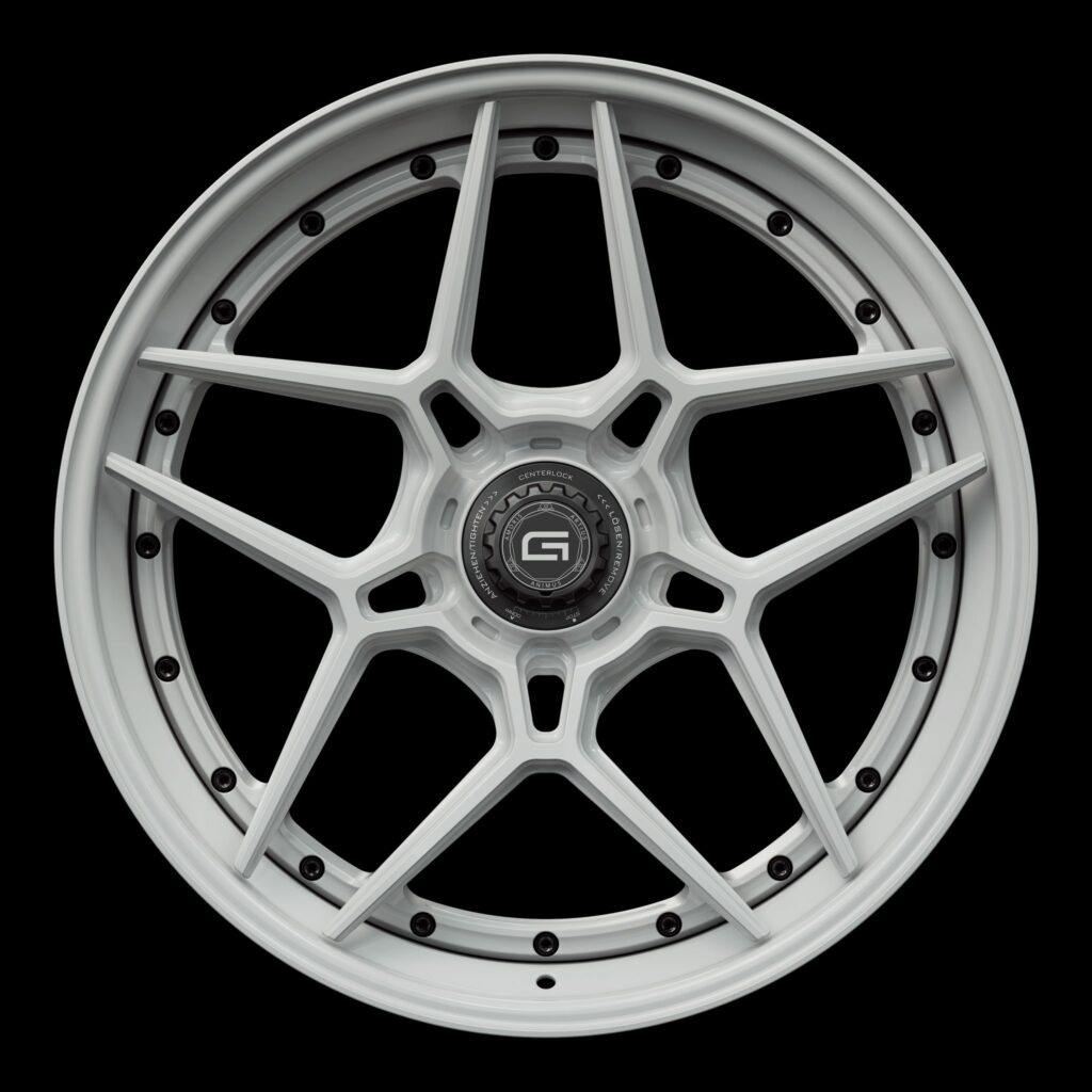 Front view of a white G45 3-piece flaoting spoke centerlock wheel from Govad Forged Track series