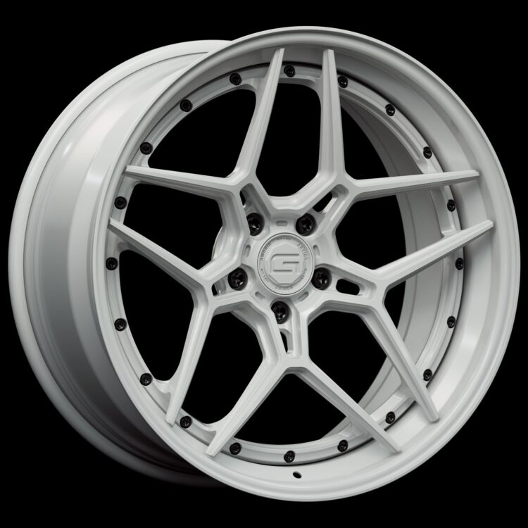 Three-quarter view of a white G45 3-piece flaoting spoke wheel from Govad Forged Track series