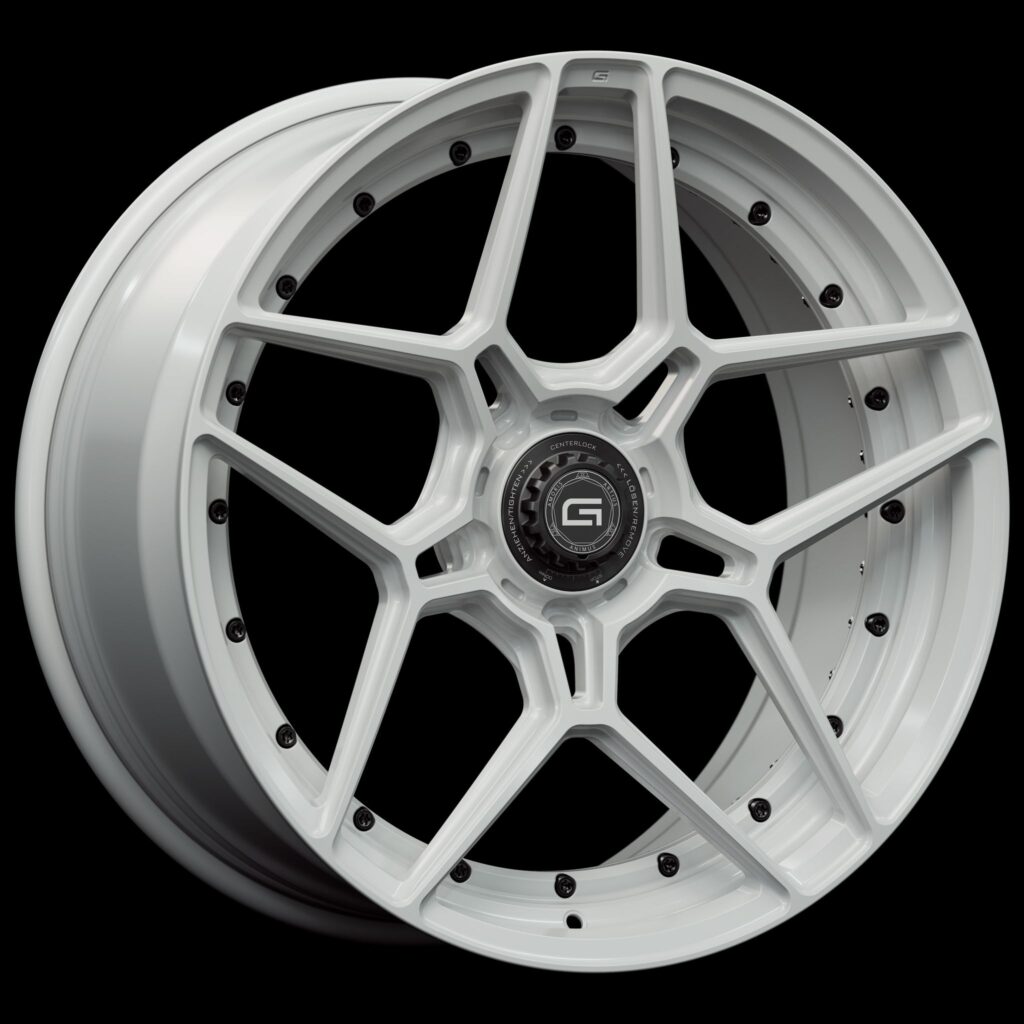 Three-quarter view of a white G45 duoblock centerlock wheel from Govad Forged Track series