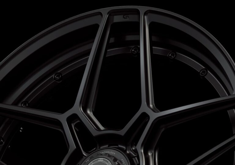 Three-quarter view of a black G45 duoblock centerlock wheel from Govad Forged Track series