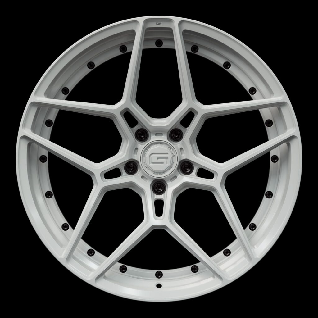 Front view of a white G45 duoblock wheel from Govad Forged Track series