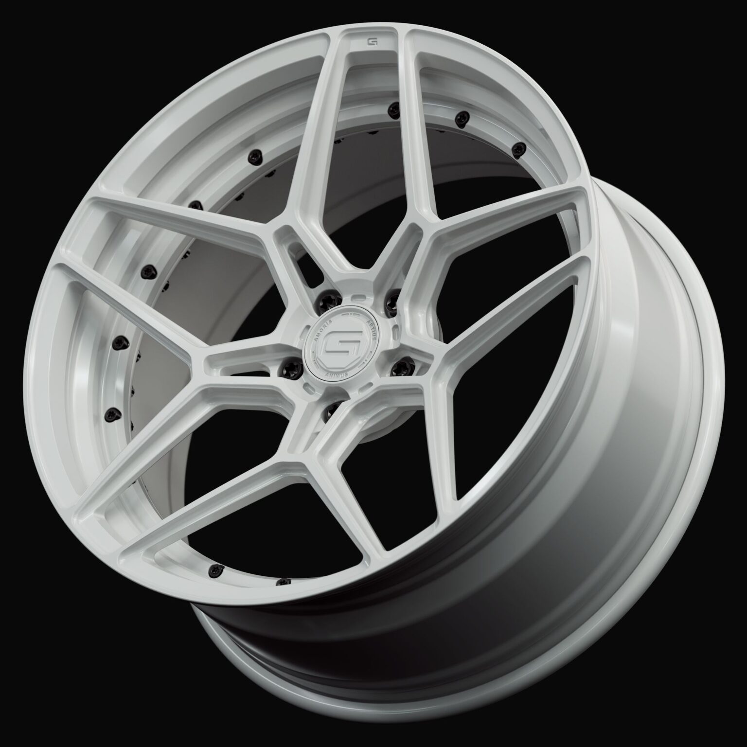Three-quarter view of a white G45 duoblock wheel from Govad Forged Track series