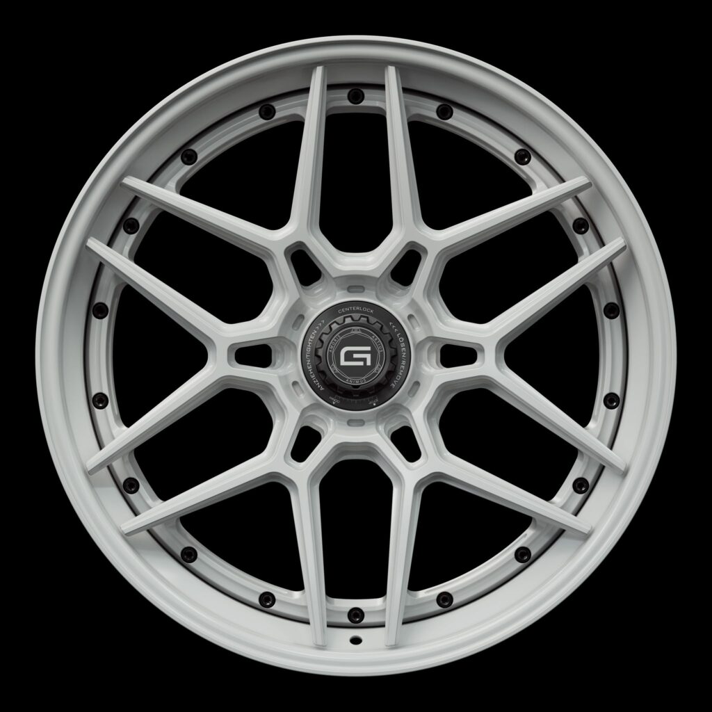Front view of a white G46 3-piece flaoting spoke centerlock wheel from Govad Forged Track series