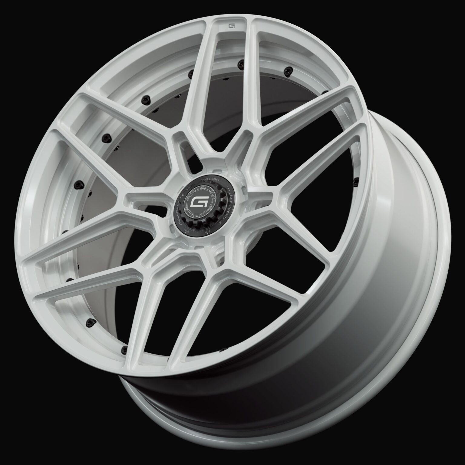 Three-quarter view of a white G46 duoblock centerlock wheel from Govad Forged Track series