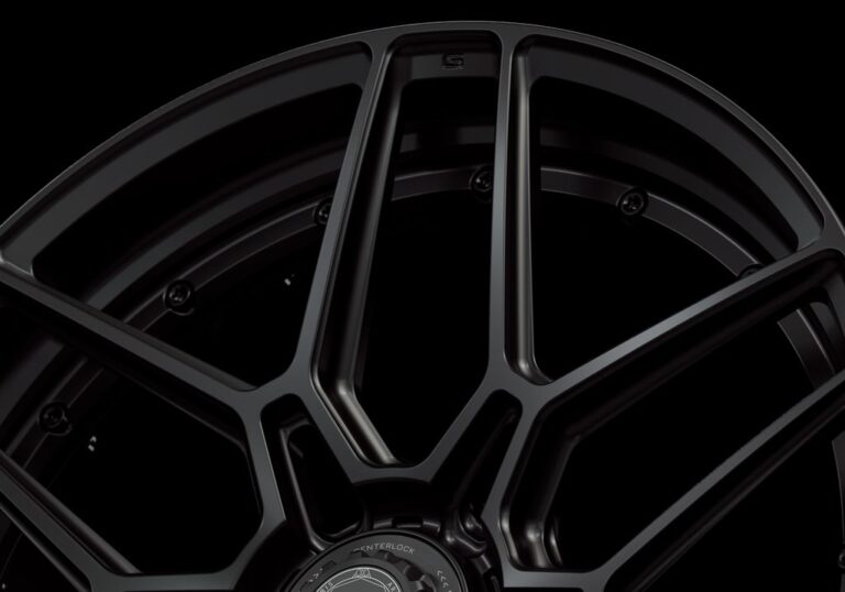 Three-quarter view of a black G46 duoblock centerlock wheel from Govad Forged Track series
