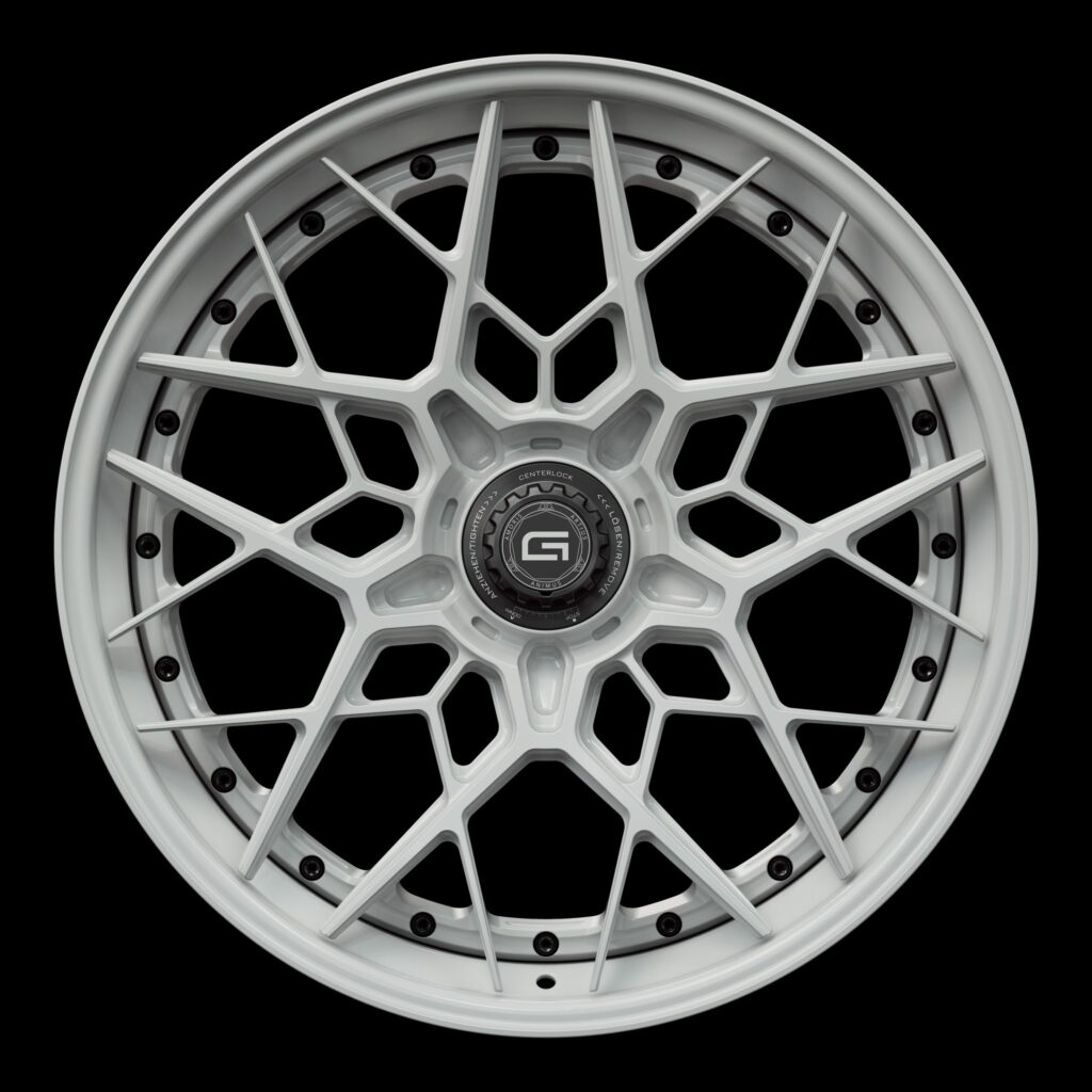 Front view of a white G47 3-piece flaoting spoke centerlock wheel from Govad Forged Track series