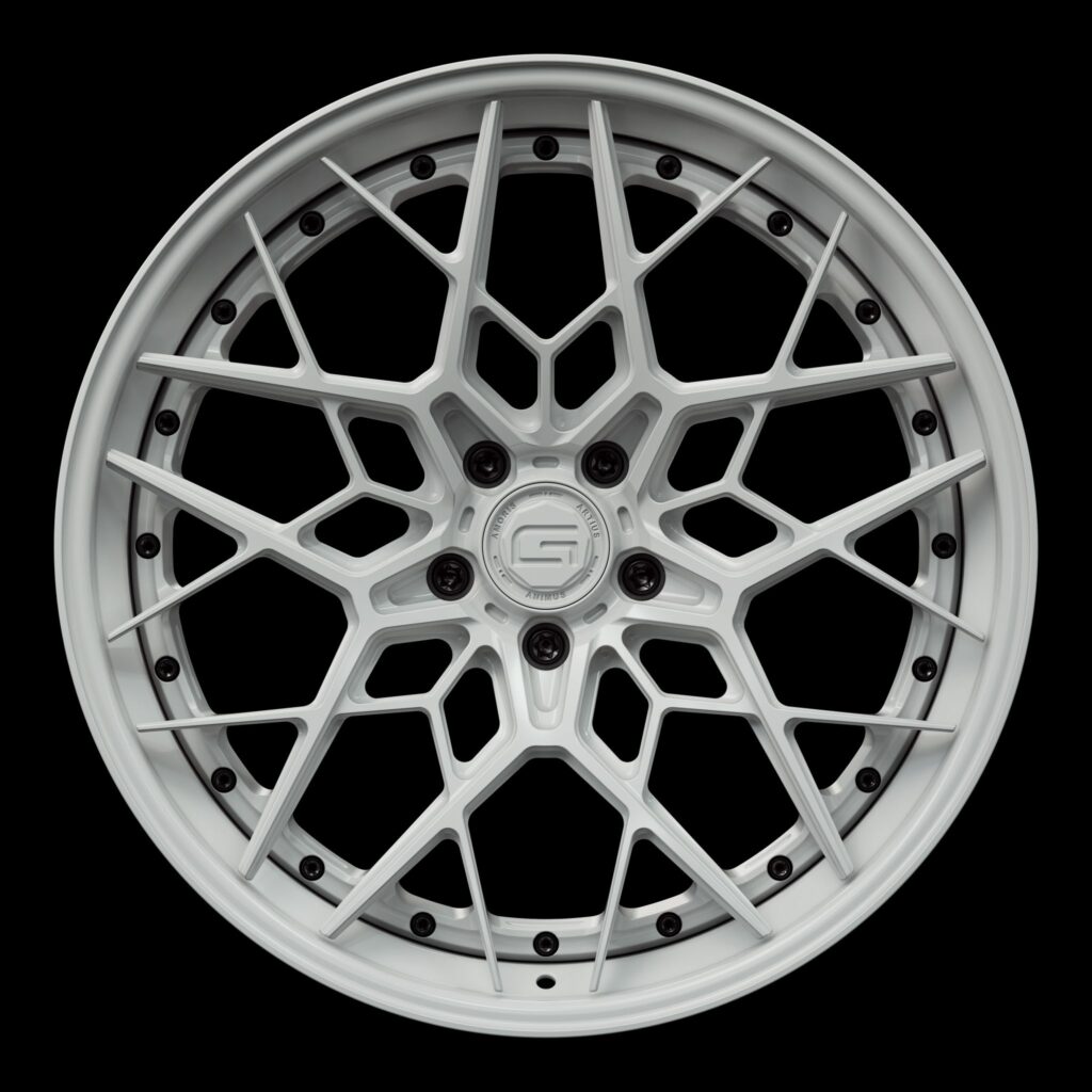 Front view of a white G47 3-piece flaoting spoke wheel from Govad Forged Track series