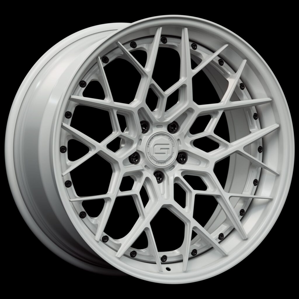 Three-quarter view of a white G47 3-piece flaoting spoke wheel from Govad Forged Track series
