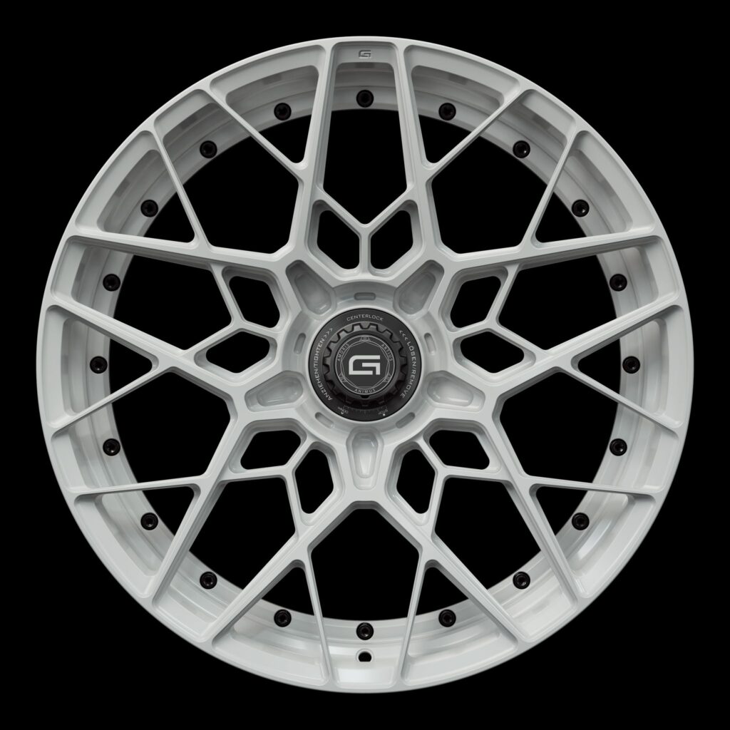 Front view of a white G47 duoblock centerlock wheel from Govad Forged Track series