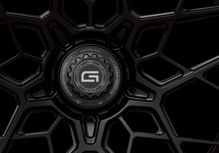 Three-quarter view of a black G47 duoblock centerlock wheel from Govad Forged Track series