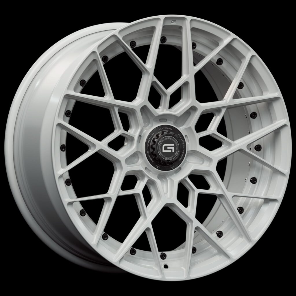 Three-quarter view of a white G47 duoblock centerlock wheel from Govad Forged Track series