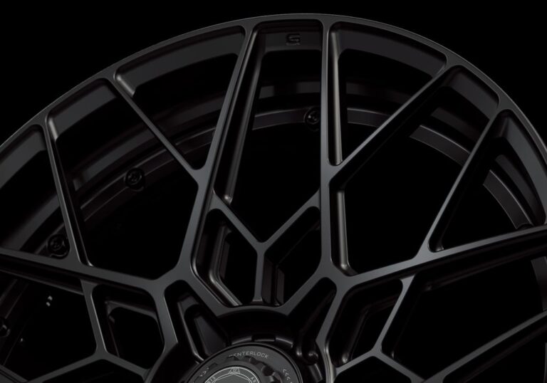 Three-quarter view of a black G47 duoblock centerlock wheel from Govad Forged Track series