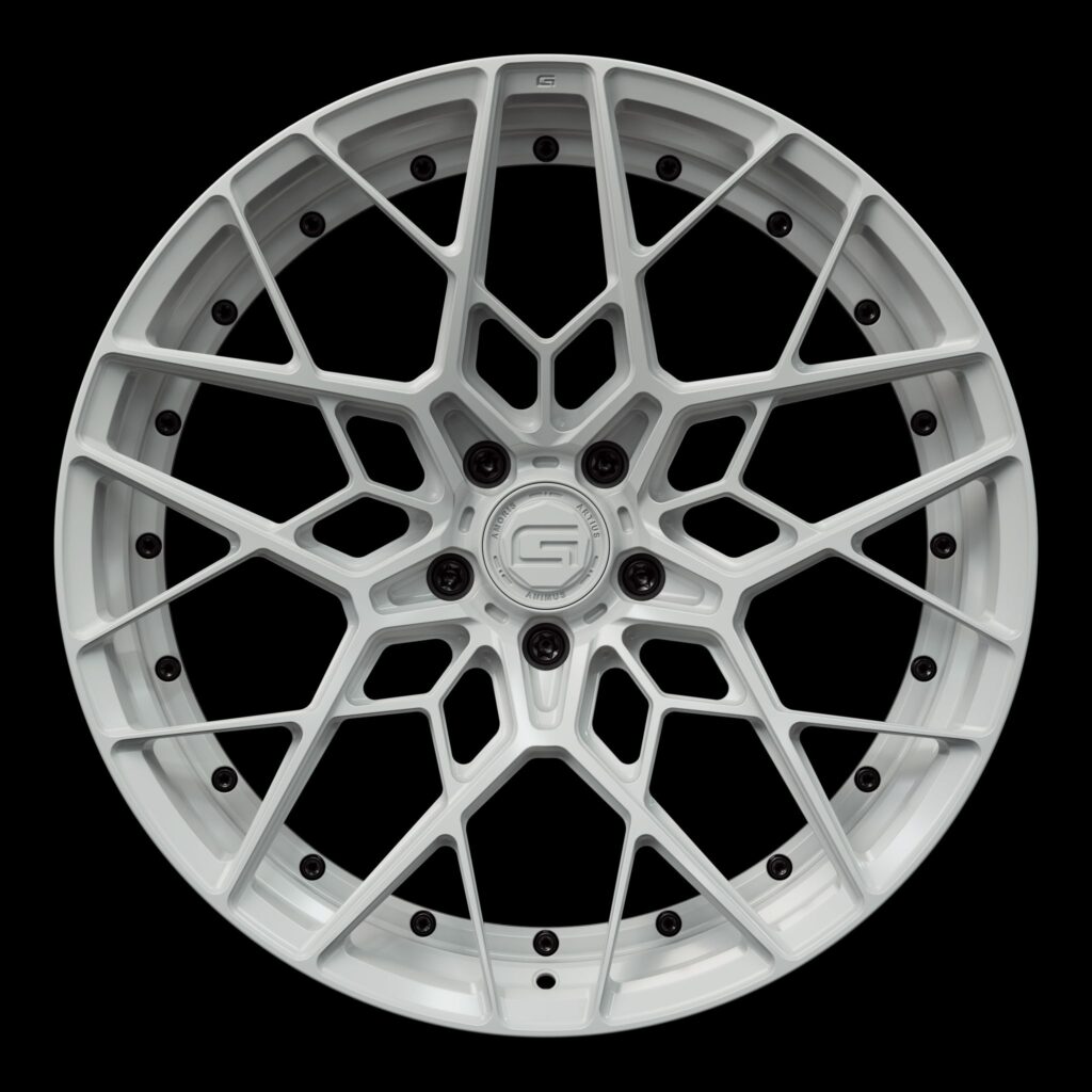 Front view of a white G47 duoblock wheel from Govad Forged Track series