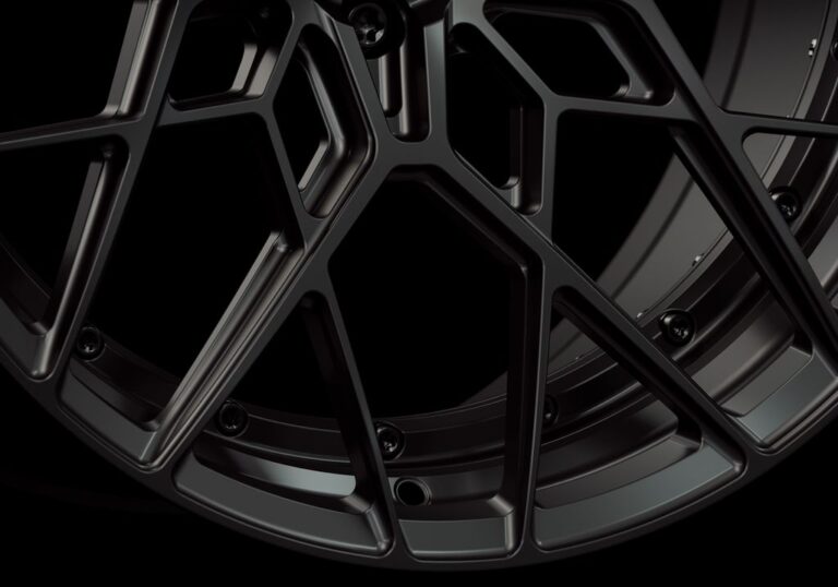 Three-quarter view of a black G47 duoblock wheel from Govad Forged Track series
