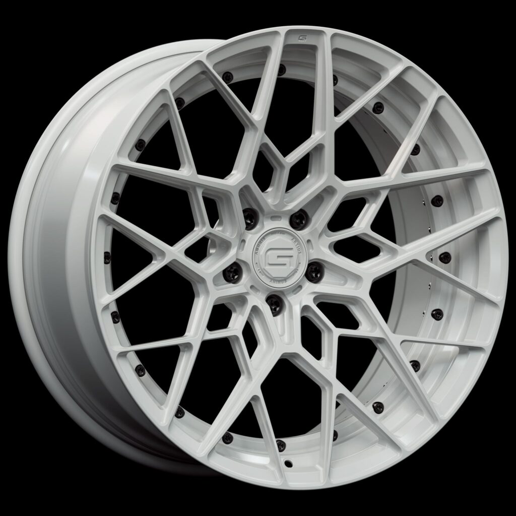 Three-quarter view of a white G47 duoblock wheel from Govad Forged Track series