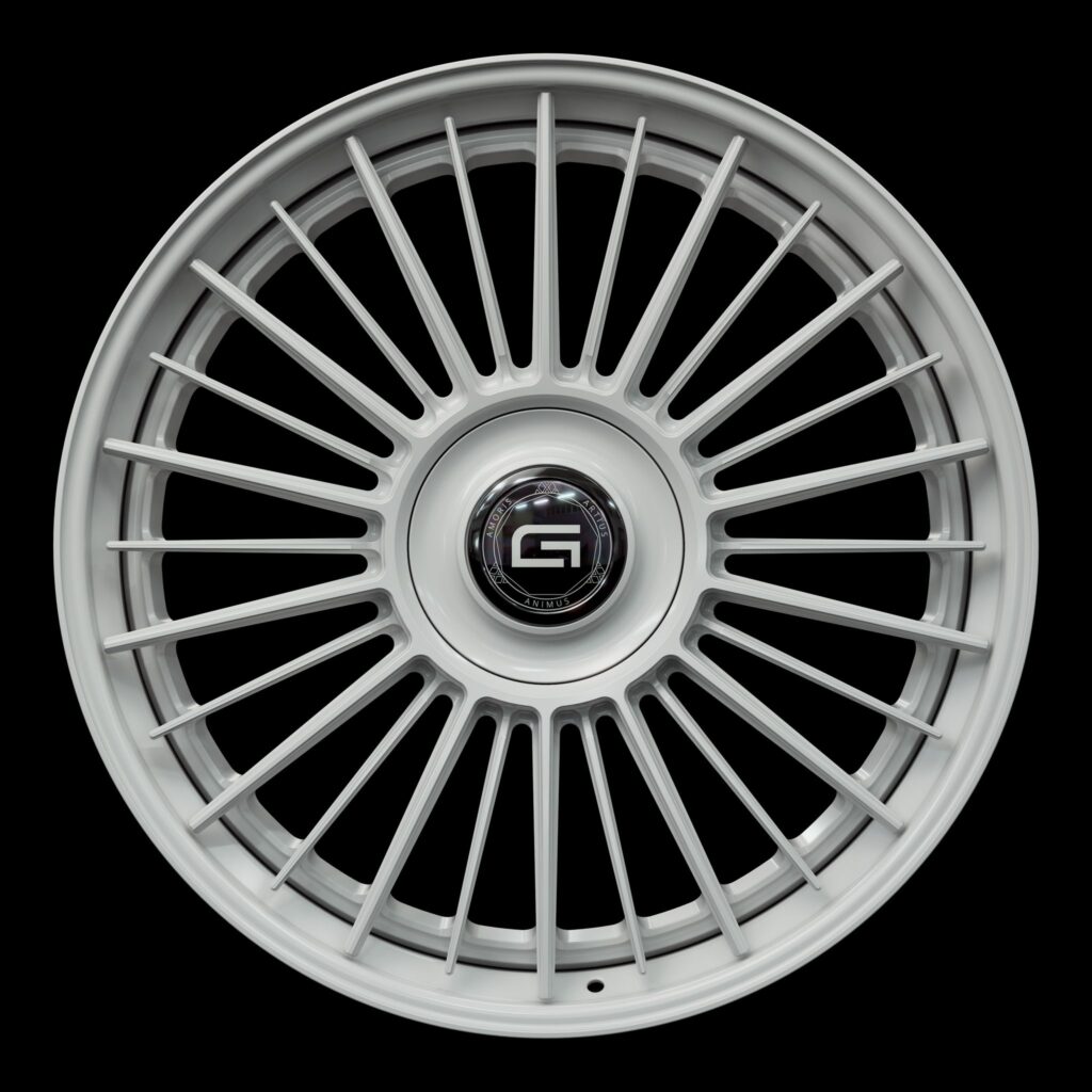 Front view of a white G500 3-piece flaoting spoke wheel from Govad Forged Luxury series