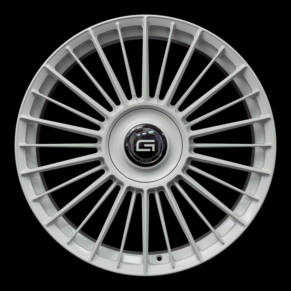 Front view of a white G500 monoblock wheel from Govad Forged Luxury series