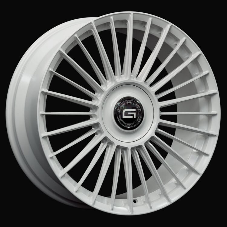 Three-quarter view of a white G500 monoblock wheel from Govad Forged Luxury series