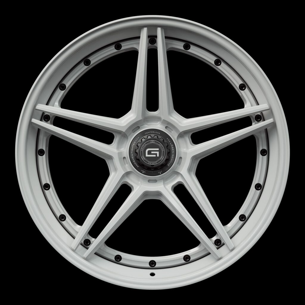 Front view of a white G51 3-piece flaoting spoke centerlock wheel from Govad Forged Track series