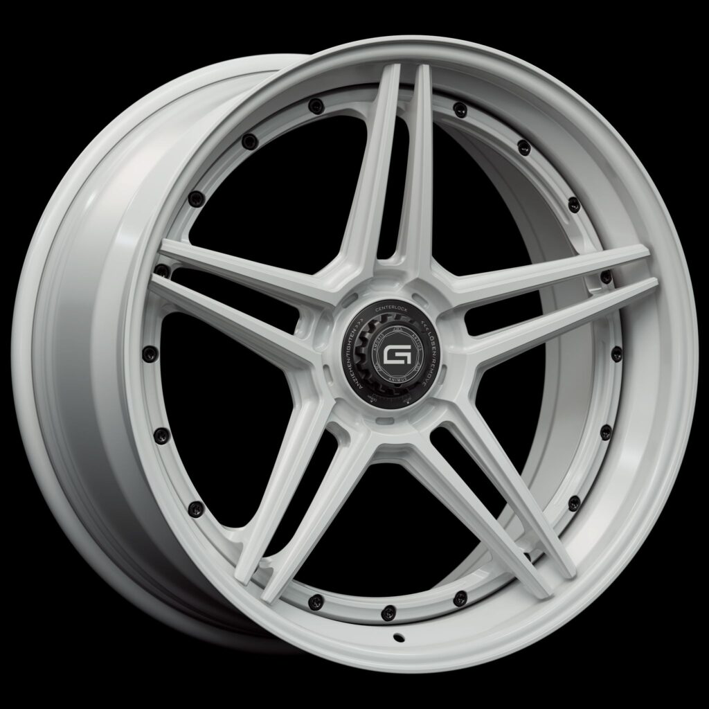 Three-quarter view of a white G51 3-piece flaoting spoke centerlock wheel from Govad Forged Track series