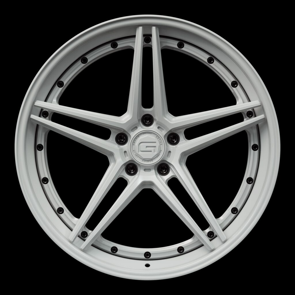 Front view of a white G51 3-piece flaoting spoke wheel from Govad Forged Track series