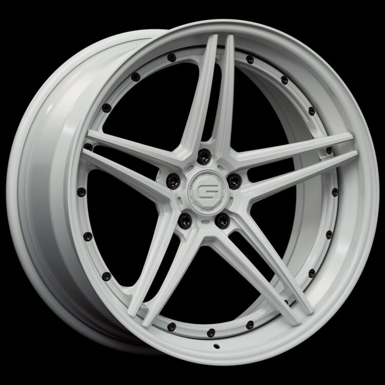 Three-quarter view of a white G51 3-piece flaoting spoke wheel from Govad Forged Track series